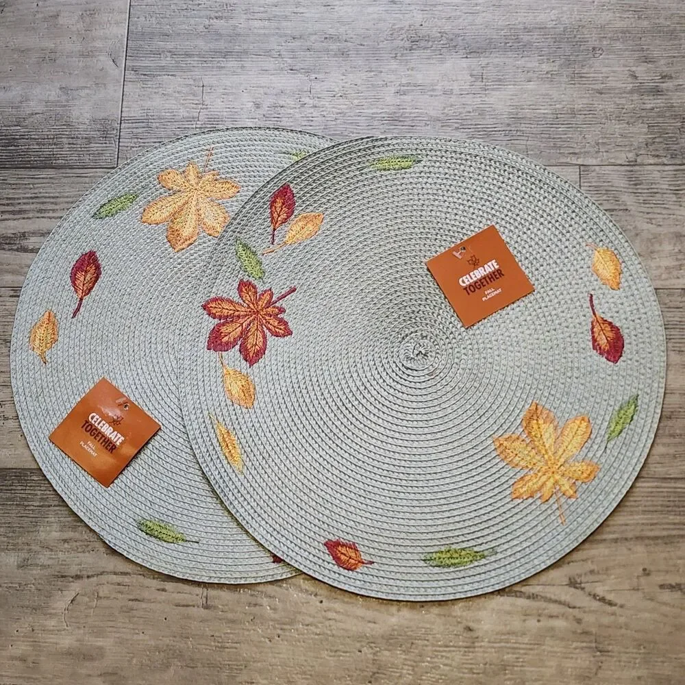 NEW 2 Set Celebrate Together Gray Embroider Fall Leaves Woven 15